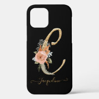 Monogram C Gold Script Black BOHO Pink Floral Leaf