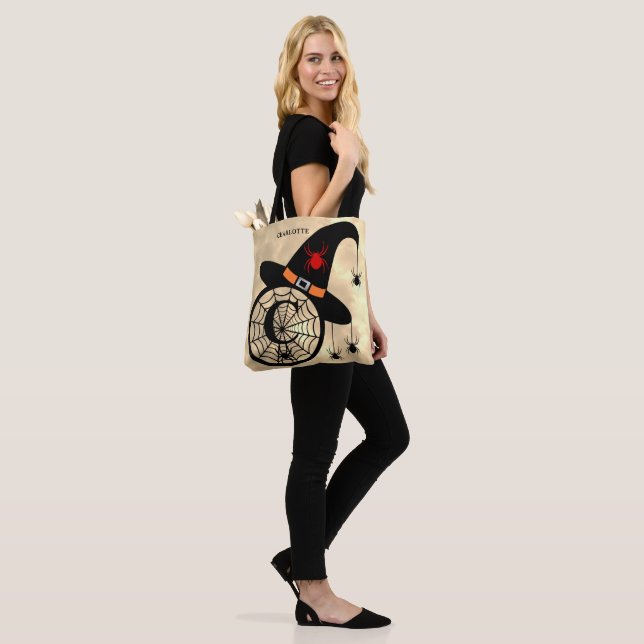 Monogram C Halloween Sky Witch Spiders Name Tote Bag (On Model)
