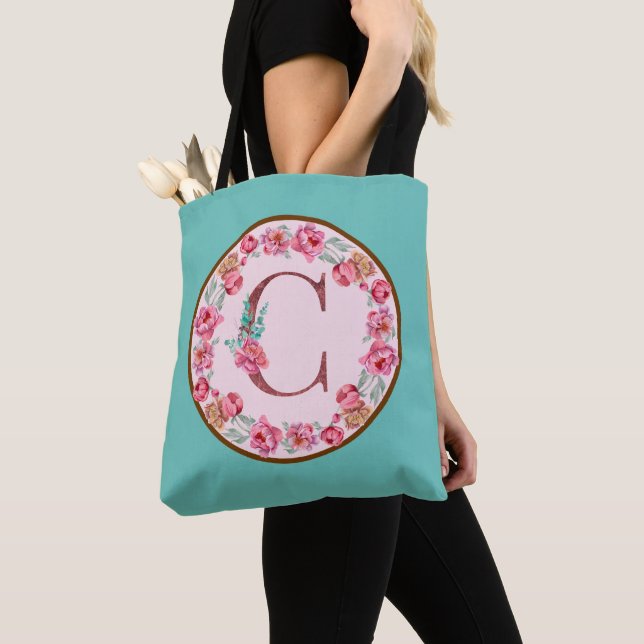 Monogram C Letter with Peony Flower Image Tote Bag (Close Up)
