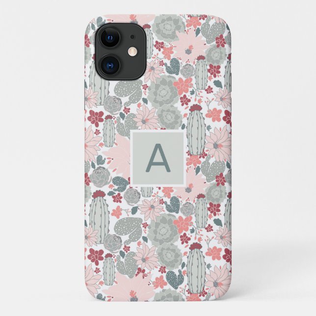 Monogram Cactus Pink Mint Succulents Desert Plants Case-Mate iPhone Case (Back)
