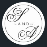 Monogram Calligraphy black and white Wedding Classic Round Sticker<br><div class="desc">Classic calligraphy letters with editable border and background colour</div>