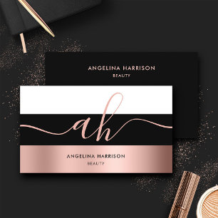 Monogram Calligraphy Black White Rose Gold Stripes Business Card