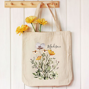 Monogram Calligraphy Dried Wildflower Bouquet Tote Bag