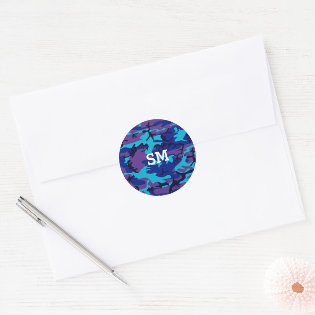 Monogram Camouflage Dark Blue & Purple Classic Round Sticker (Envelope)