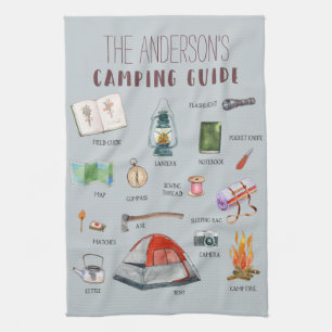 Monogram Camping Guide   Watercolor Illustrations  Tea Towel