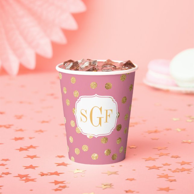Monogram Candy Pink Gold Glitter Dot Pattern Paper Cups (Insitu)