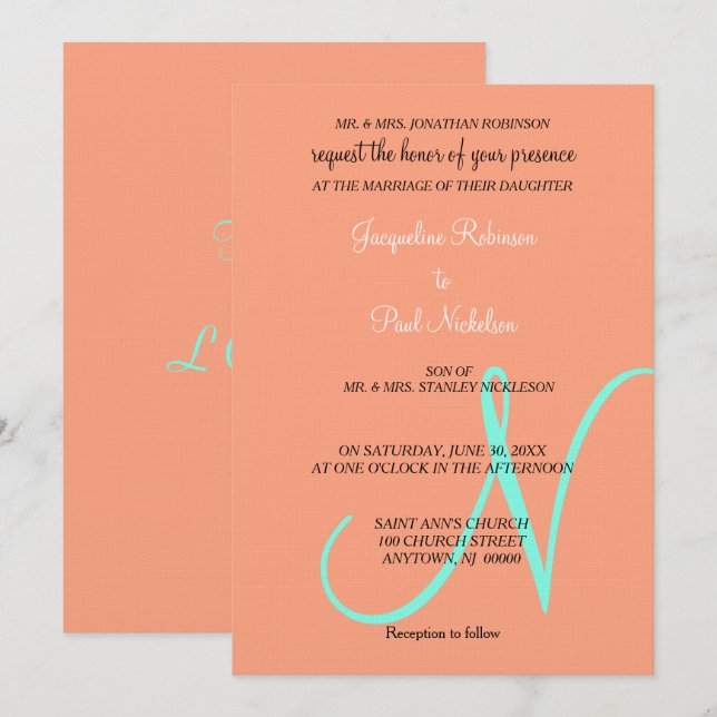Monogram Cantaloupe Turquoise Invitation (Front/Back)