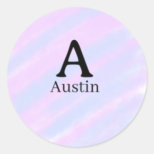Monogram capital masculine add name purple pastel classic round sticker