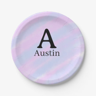 Monogram capital masculine add name purple pastel paper plate