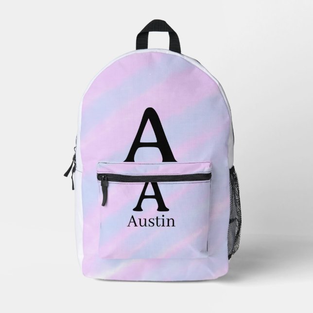 Monogram capital masculine add name purple pastel  printed backpack (Front)