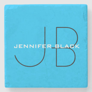 Monogram Capri Blue Minimalist Modern Name Stone Coaster