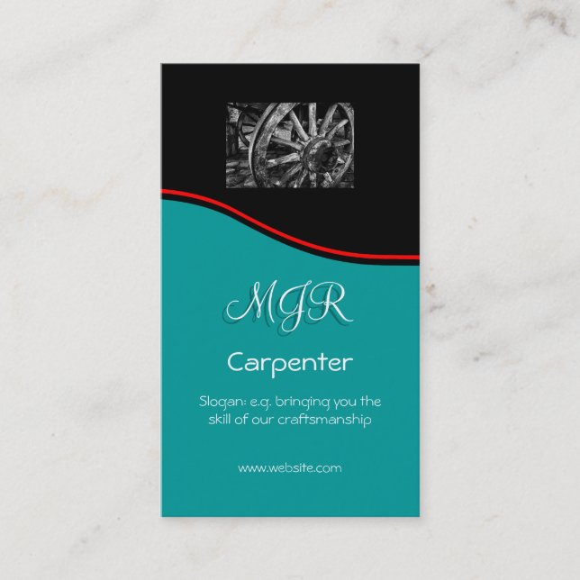 Monogram, Carpenter Business, red swoosh Business Card (Front)