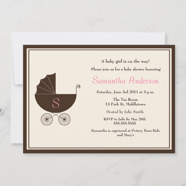 Monogram Carriage Baby Shower Invite - Girl (Front)