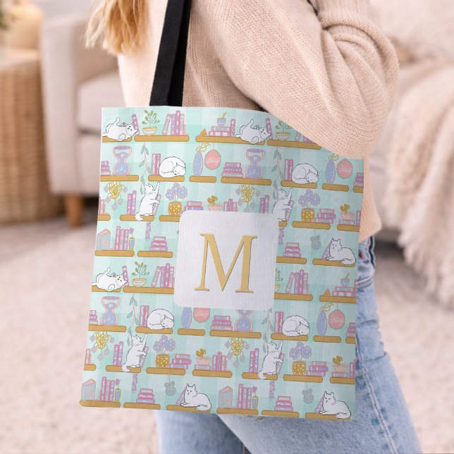 Monogram Cats Library Tote Bag Girly Mint Green (Creator Uploaded)
