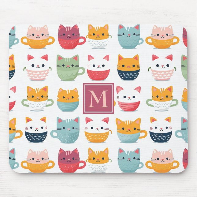 Monogram Cats Tea Cups Coffee Mugs Girly Pattern  Mouse Pad (Front)