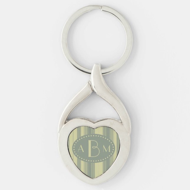 Monogram Celery and Sage Green Stripe Key Ring (Front)