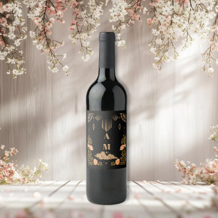 Monogram Celestial Midnight Black Stars Wedding Wine Label