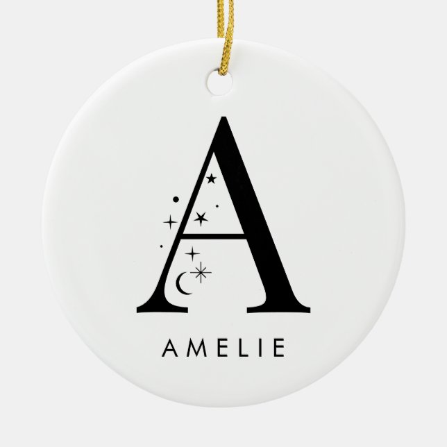Monogram Celestial Name Ceramic Tree Decoration (Front)