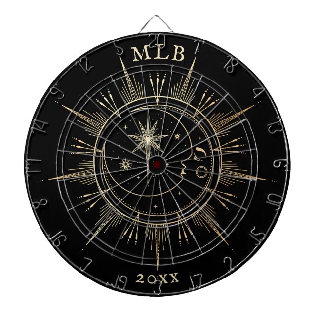 Monogram Celestial Sun Moon Gold Black Year Dartboard (Front)