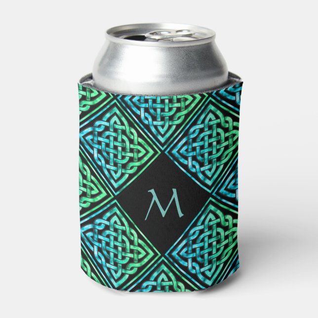Monogram Celtic Knot Blue Green Can Cooler (Can Front)