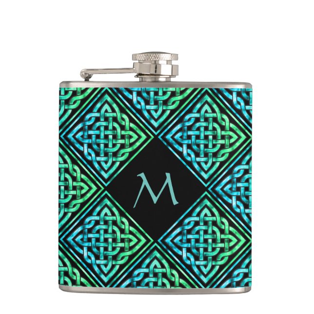 Monogram Celtic Knot Diamond Blue Green Hip Flask (Front)