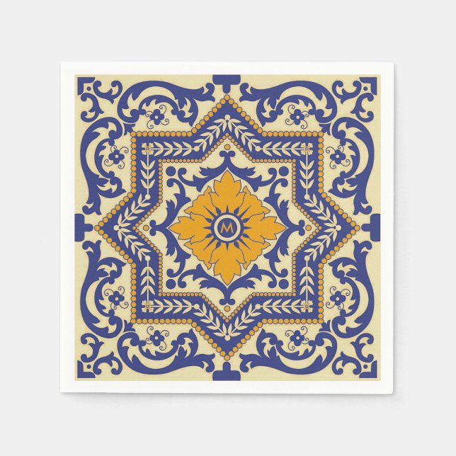 Monogram Ceramic Azulejo Style Blue Napkins (Front)
