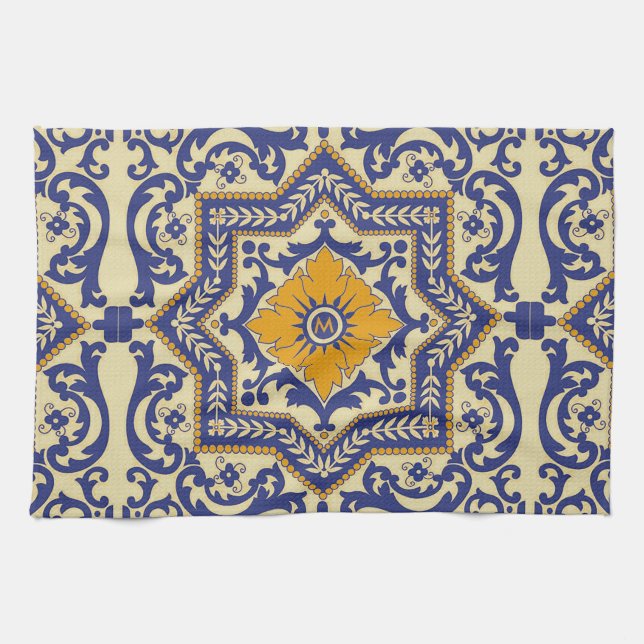 Monogram Ceramic Azulejo Style Blue Towel (Horizontal)