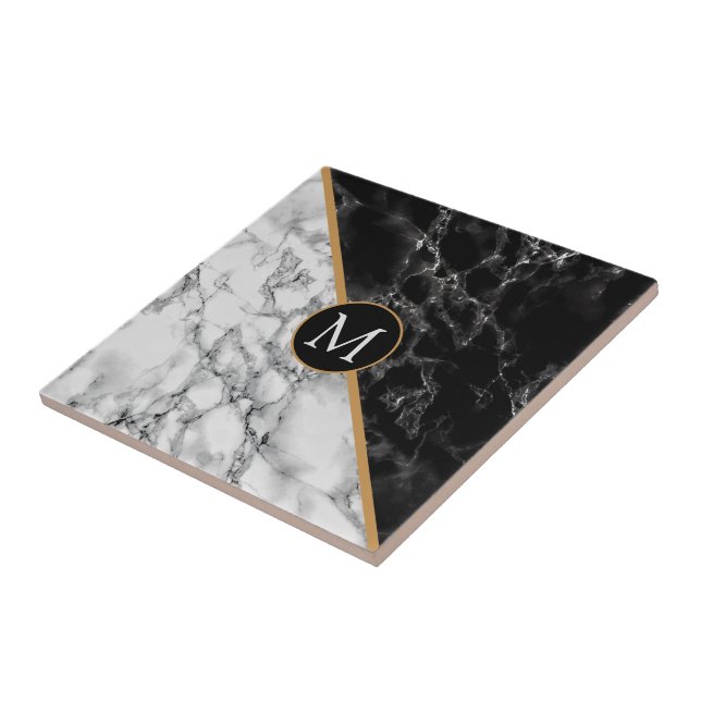 Monogram Ceramic Tile Faux Black White Marble (Side)