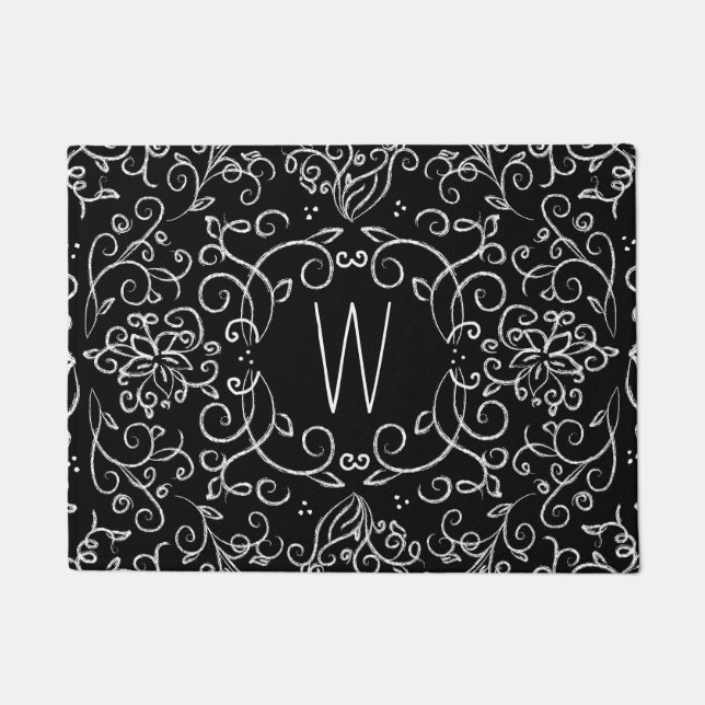 Monogram Chalk Black and White Filigree Doormat (Front)
