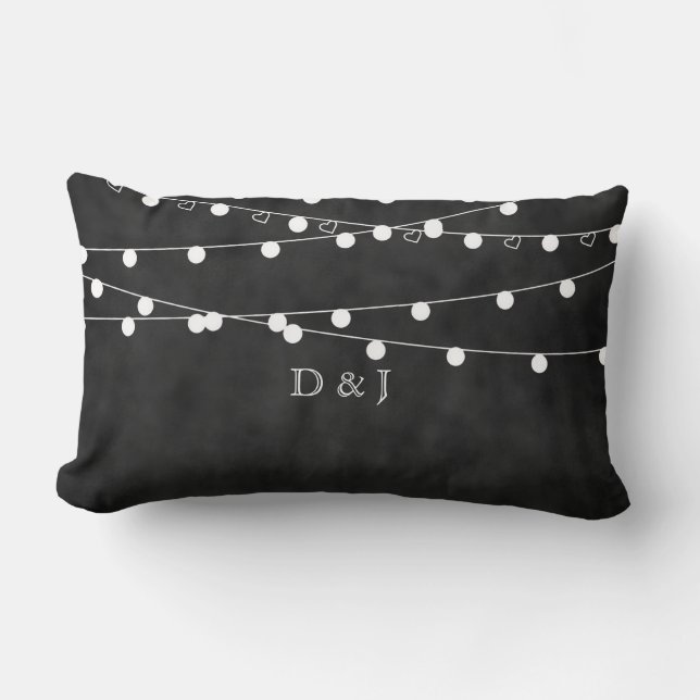 Monogram Chalkboard Fairy Lights & Hearts Pillow (Front)