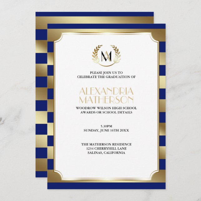Monogram CHANGE COLOR & Gold Stripes Graduation Invitation (Front/Back)