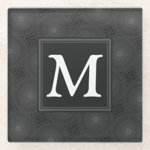 Monogram charcoal circles pattern glass coaster