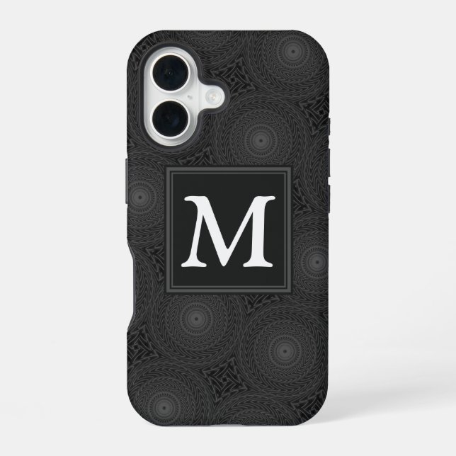 Monogram charcoal circles pattern iPhone 16 case (Back)