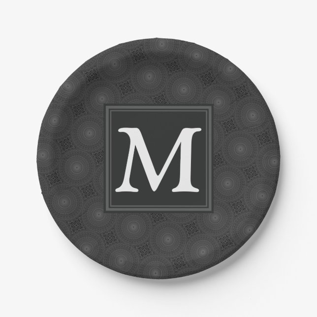 Monogram charcoal circles pattern paper plate (Front)