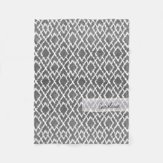 Monogram Charcoal Grey Tribal Ikat Diamond Pattern Fleece Blanket (Front)