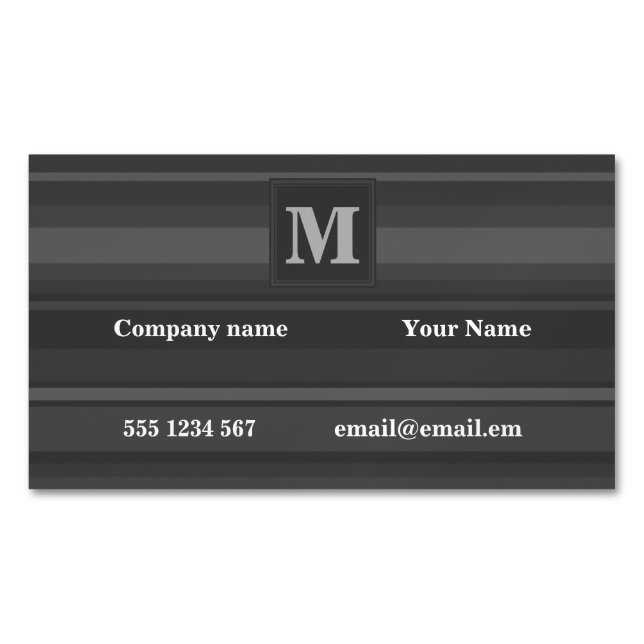 Monogram charcoal stripes magnetic business card (Front)