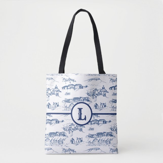 Monogram Chattanooga Toile Blue Tote Bag (Front)