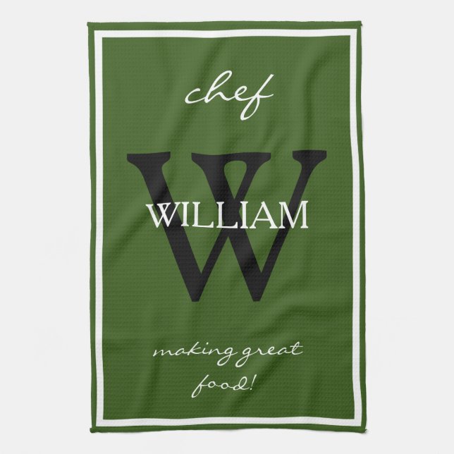 Monogram + Chef's NAME make great food Rustic Cool Tea Towel (Vertical)