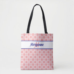 Monogram Chequered Blush Pink Flowers Tote Bag