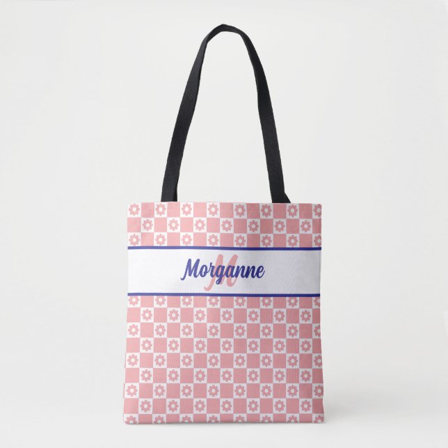 Monogram Chequered Blush Pink Flowers  Tote Bag (Front)