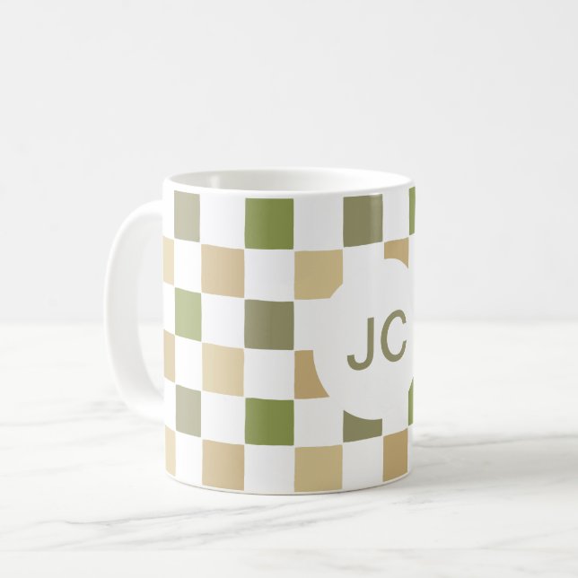 Monogram Chequered Green Beige Modern Simple Coffee Mug (Front Left)