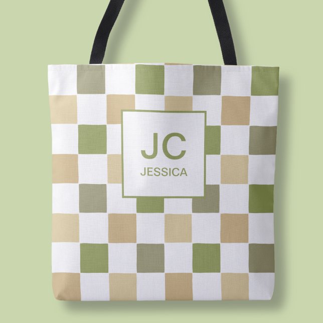 Monogram Chequered Green Modern Simple Initals Tote Bag (Monogram Checkered Green Modern Simple Initals Tote Bag)