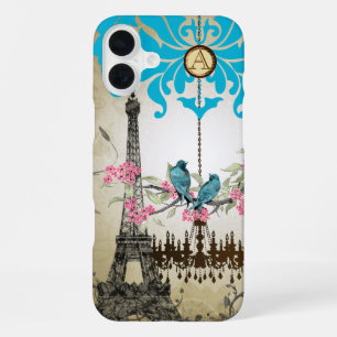Monogram Cherry Blossom Bird Effiel Tower Paris iPhone 16 Plus Case