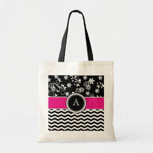 Monogram Chevron and Floral Pattern Tote Bag