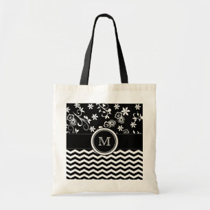 Monogram Chevron and Foral Pattern Tote Bag