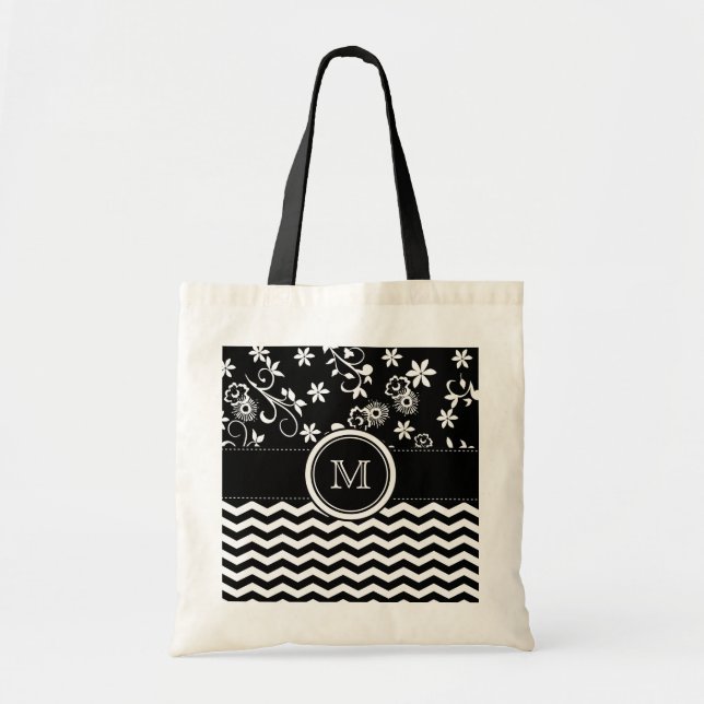 Monogram Chevron and Foral Pattern Tote Bag (Front)