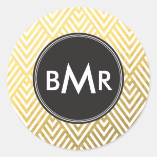 Monogram Chevron Argyle with Gold Faux Foil Classic Round Sticker