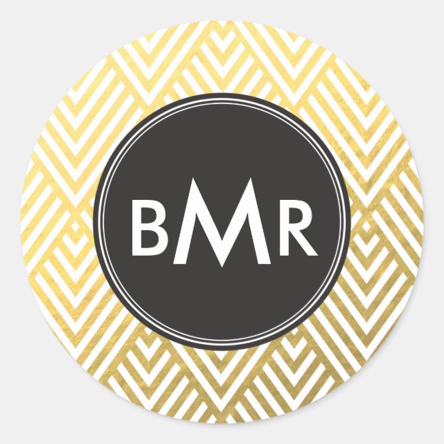 Monogram Chevron Argyle with Gold Faux Foil Classic Round Sticker (Front)