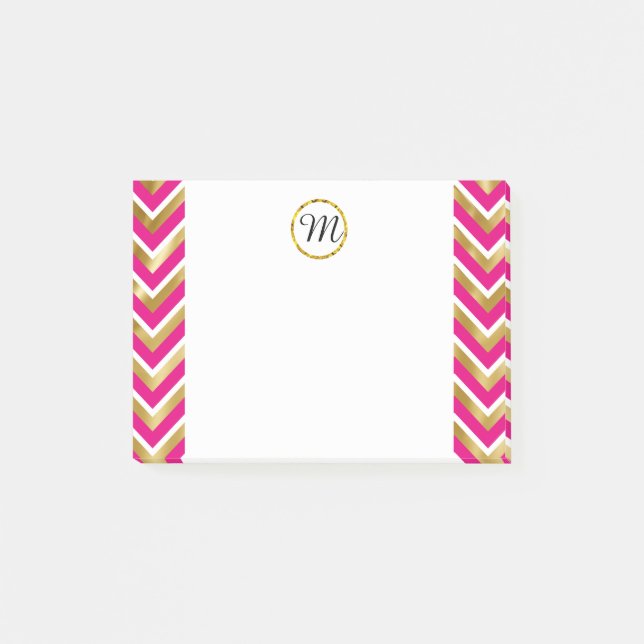 Monogram chevron personalised pink gold white post-it notes (Front)
