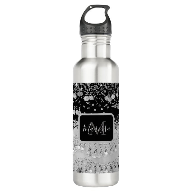 Monogram Chic Black and Silver Gypsy Scarf   710 Ml Water Bottle (Front)